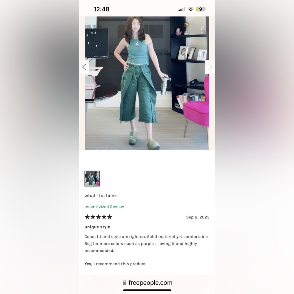 NWOT FREE PEOPLE Keep Calling Crop Pants In Green MSRP $128 Size 4 Oversized - Picture 4 of 8